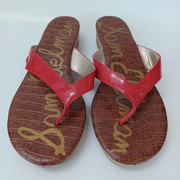 Sam Edelman Sandals Tanya Red Patent Leather Cork Wedge Womens 7.5 M - Picture 3 of 15